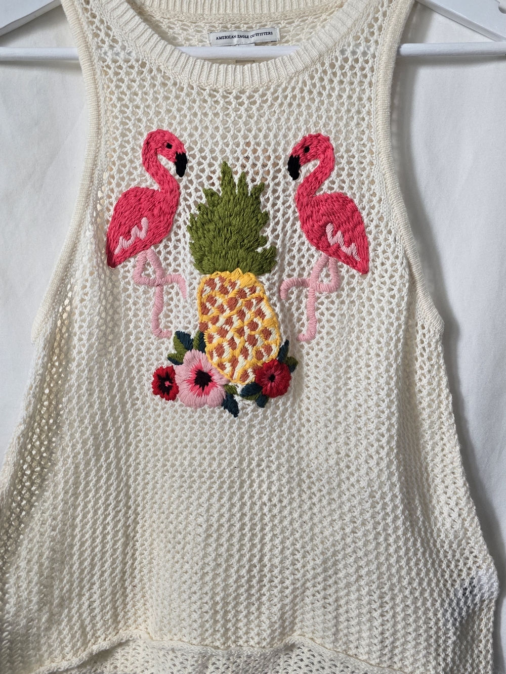 American Eagle AE Embroidered Cotton Crochet Tank Small Beach Boho Tropical NWT
